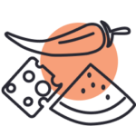 A line art icon featuring a chili pepper, a slice of Swiss cheese, and a slice of watermelon over a peach-colored circle.